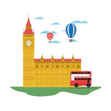 Londra Saat Kulesi hava balonu ve otobüs ile