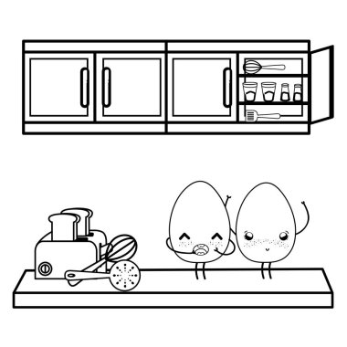 Siyah beyaz mutfak ve gıda kawaii karikatürler