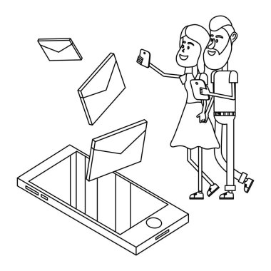 Çift ve e-posta teknolojisi siyah beyaz izometrik