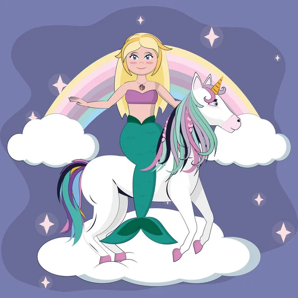 Beautiful unicorn with mermaid — Stock Vector
