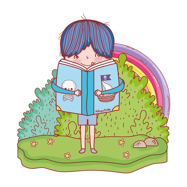 Menino feliz leitura livro na paisagem — Vetor de Stock