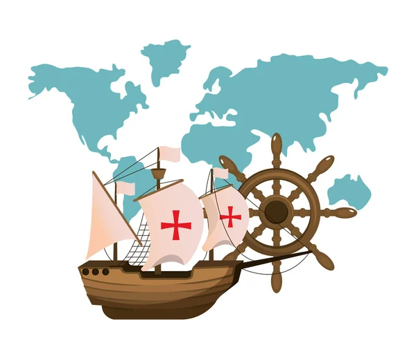 Πλοίο μεταφοράς με παγκόσμιο χάρτη και πηδάλιο — Διανυσματικό Αρχείο