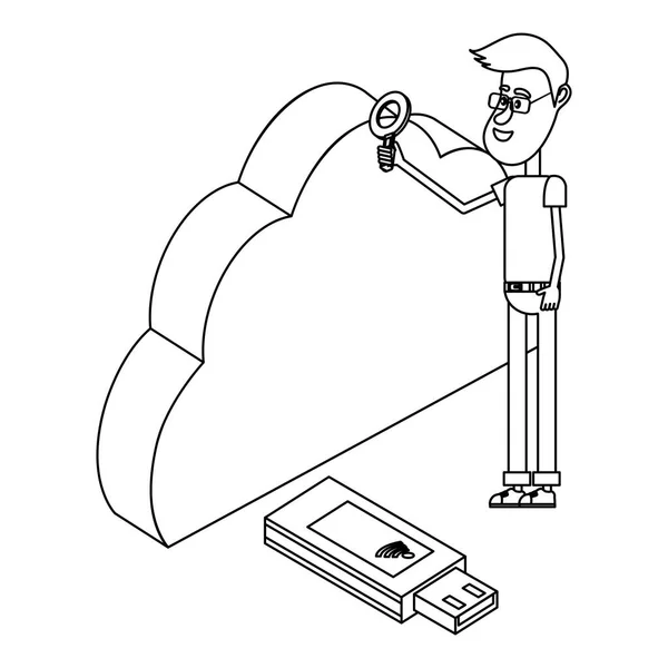 Hombre y tecnología isométrica en blanco y negro — Vector de stock