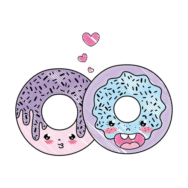 Doodle kawaii agradável doce donut casal — Vetor de Stock