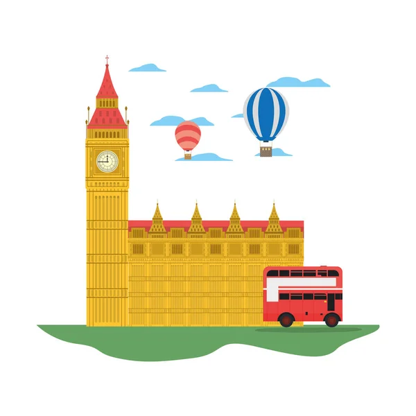 Tour d'horloge de Londres avec ballon à air et bus — Image vectorielle