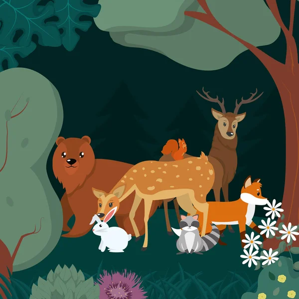 Animales en los dibujos animados del bosque — Vector de stock