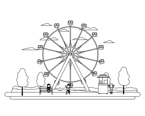 Ligne ferris roue mécanique et enfants avec magasin — Image vectorielle