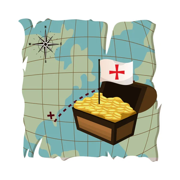 Глобальная карта и сундук с золотыми монетами и флагом крест — стоковый вектор