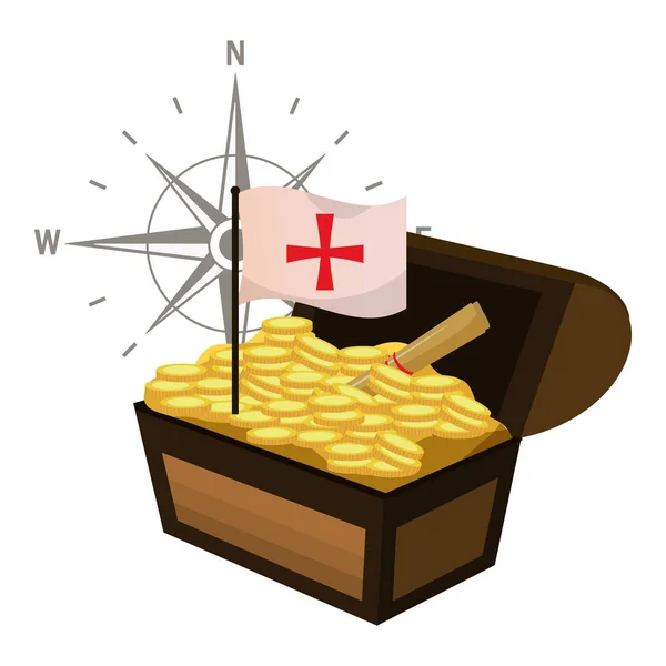 Wooden chest with gold coins and flag cross — Stock Vector