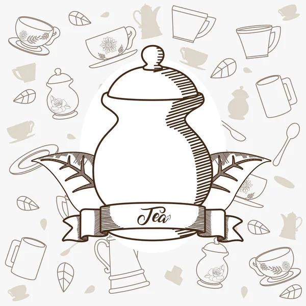Chaleira de porcelana de chá com faixa de fita — Vetor de Stock