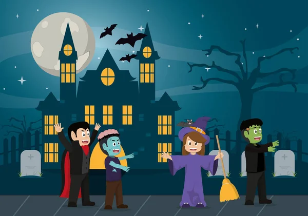 Niños en halloween dibujos animados — Vector de stock