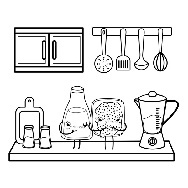 Kuchyně roztomilé karikatury nádobí černé a bílé v černé a bílé — Stockový vektor