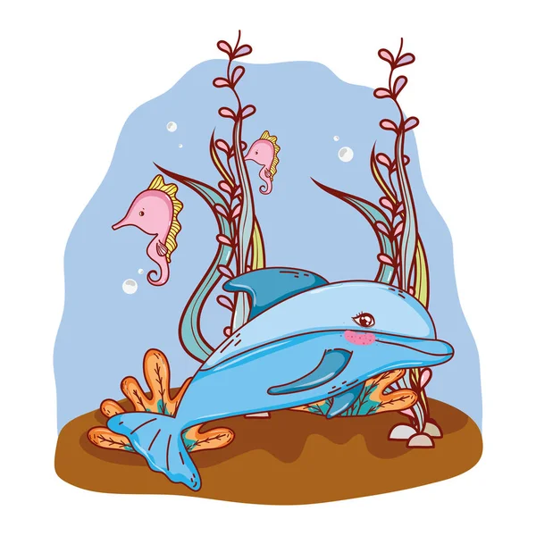 Delfine und Seepferdchen Tiere mit Algenpflanzen — Stockvektor