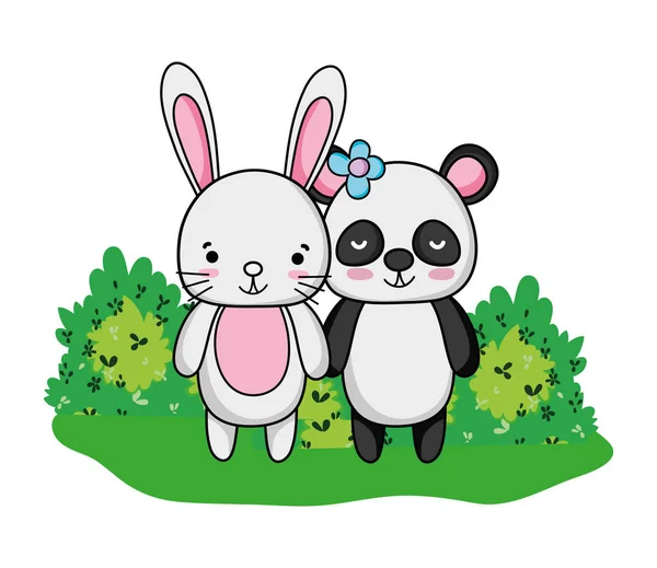 Rabbit and panda friends animals and bushes — Stock Vector