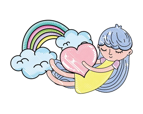 Garabateado durmiendo chica con corazón y arco iris nubes — Vector de stock