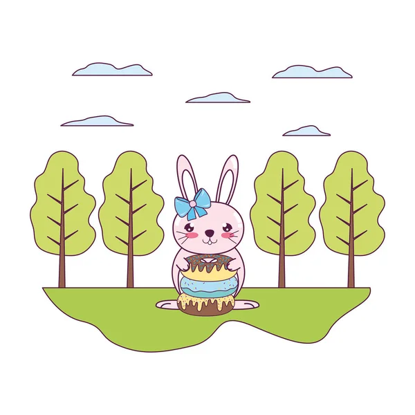 Female rabbit with sweet donuts in the landscape — Stock Vector