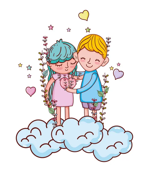 Menino e menina nas nuvens com ramos e corações — Vetor de Stock