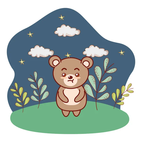Orso bruno all'aperto paesaggio notturno cartone animato — Vettoriale Stock
