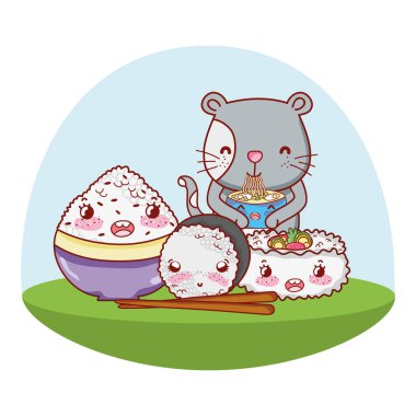 Kedi ve gıda kawaii karikatürler