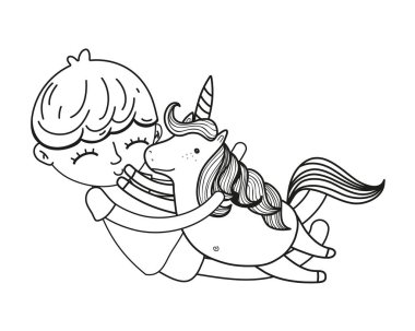 Anahat mutlu çocuk sarılma güzel tek boynuzlu at