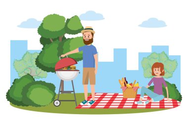 Çift ve piknik karikatür