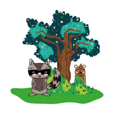 ağaç ve çalıların Rakun ve ayı hayvanlarla