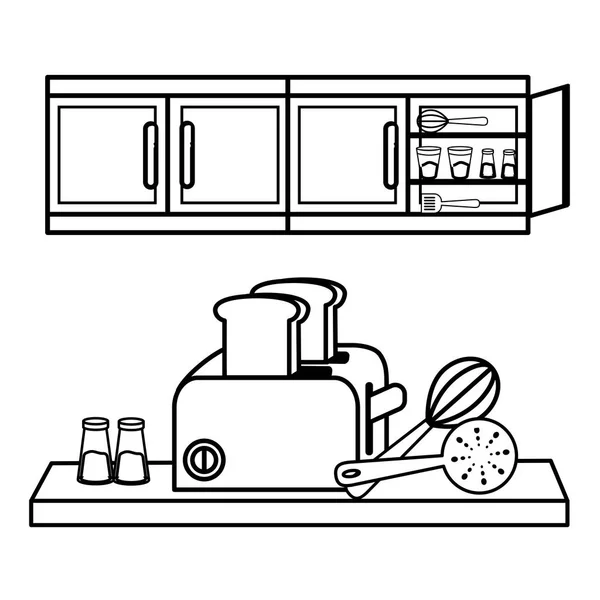 Keuken cute cartoons gebruiksvoorwerpen in zwart-wit — Stockvector