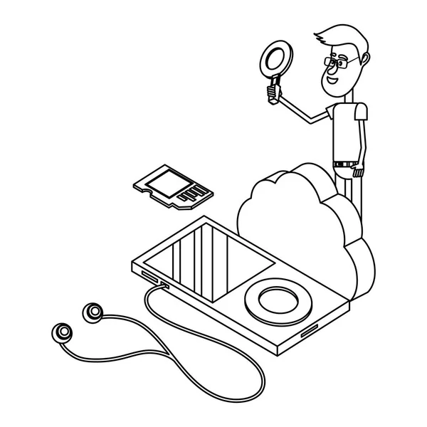 El hombre y la computación en nube en blanco y negro — Vector de stock