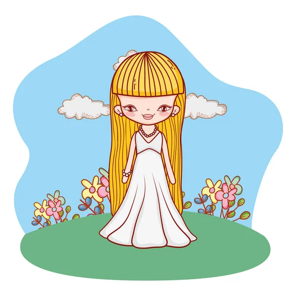 Jeune mariée en plein air paysage dessin animé — Image vectorielle