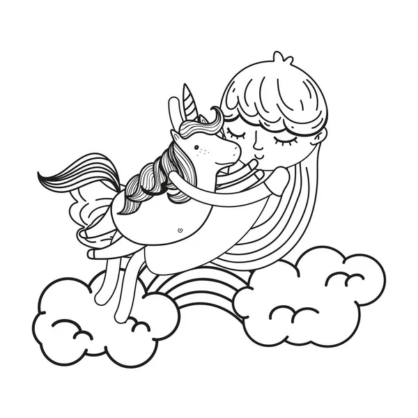Esboço menina agradável abraçando unicórnio nas nuvens —  Vetores de Stock
