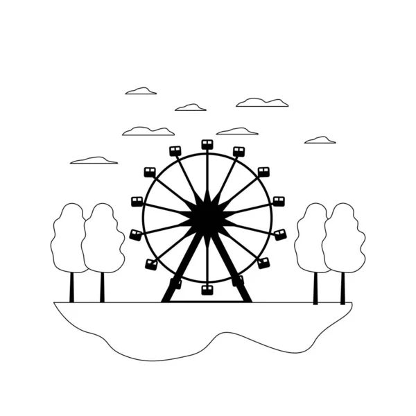 Line funny ferris wheel mechanical in the landscape — Stock Vector