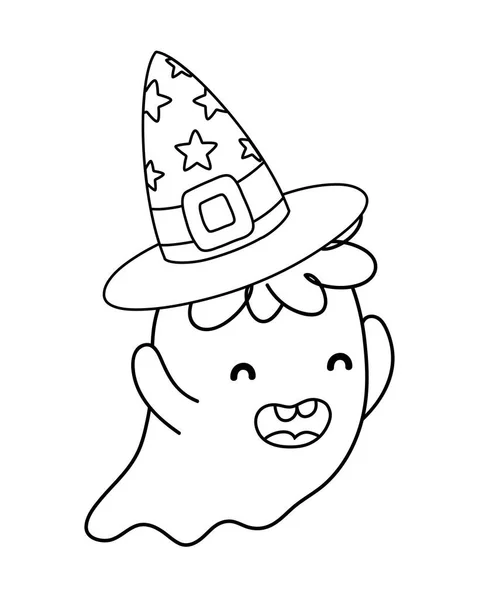 Outline funny ghost character with hat style — Stock Vector