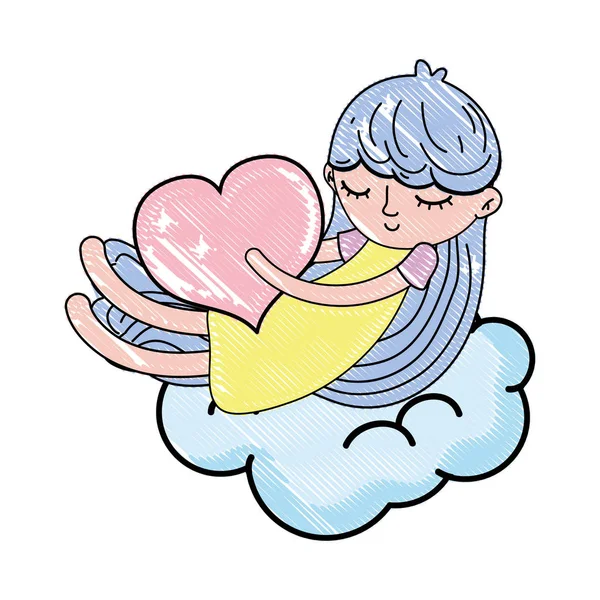 Scarabocchiato addormentato ragazza con cuore e soffice nuvola — Vettoriale Stock