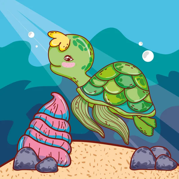 Nettes Schildkrötentier mit Panzer im Meer — Stockvektor