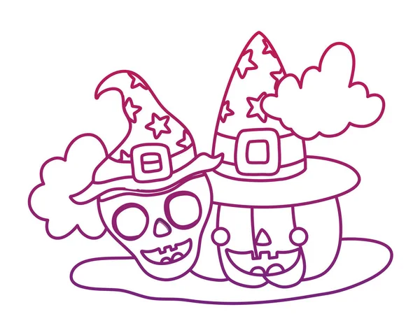 Contorno degradado calavera feliz y calabaza con sombrero y nubes — Vector de stock