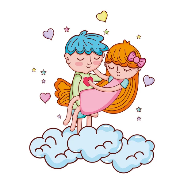 Niño llevando chica en las nubes con corazones — Vector de stock