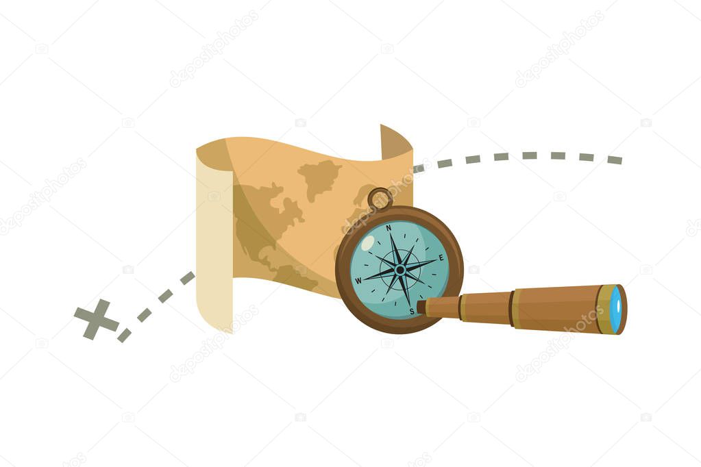 map with destination location and compass with monocular