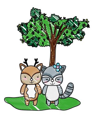 rendelenmiş sevimli geyik Rakun arkadaşları ve ağaç