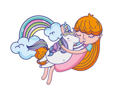 gökkuşağı ve bulutlar olan kız kucaklama at