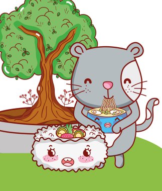 Kedi ve gıda kawaii karikatürler