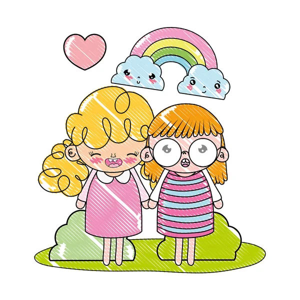 Ralado agradável meninas com arco-íris e kawaii nuvens — Vetor de Stock