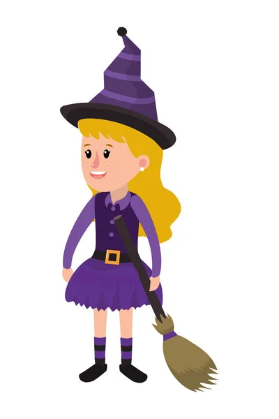 Счастливая девушка в костюме ведьмы и метле — стоковый вектор