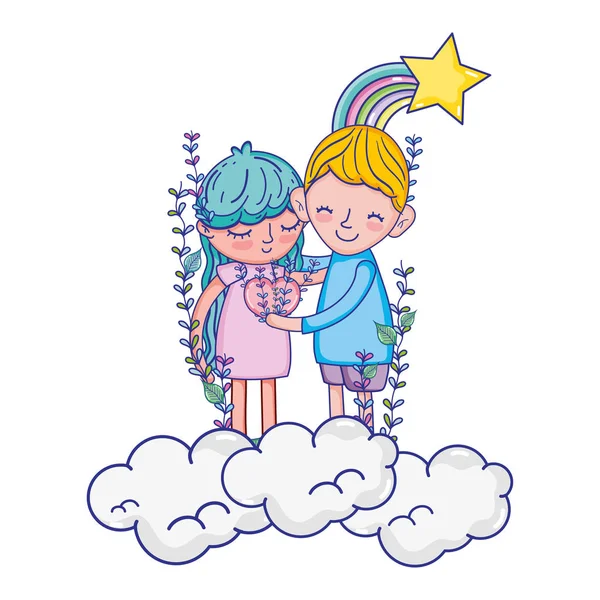 Niño y niña juntos en las nubes con arco iris — Vector de stock