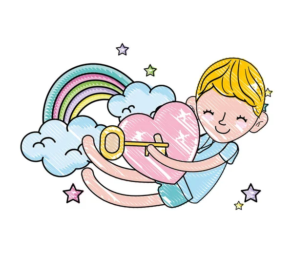 Garabateado feliz chico con corazón y arco iris nubes — Vector de stock