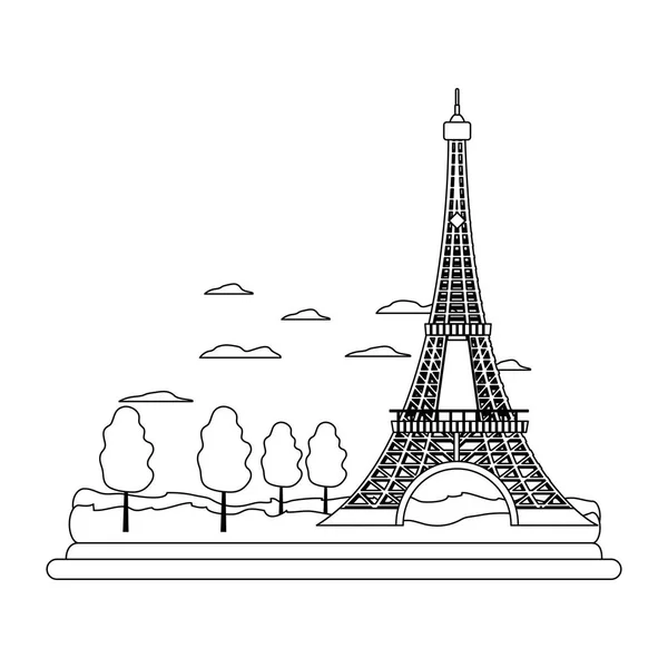 Line eiffel tower structure and cute trees — Stock Vector