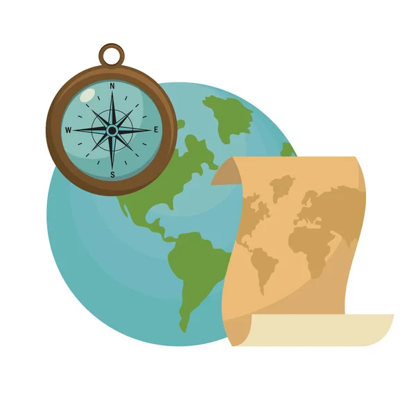 Global planeet met kaart en kompas tools — Stockvector
