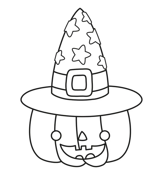 Outline happy pumpkin with witch hat style — Stock Vector