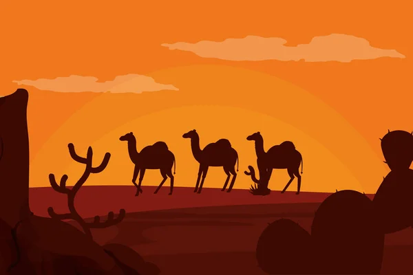 Camellos caminando en la silueta del desierto — Vector de stock