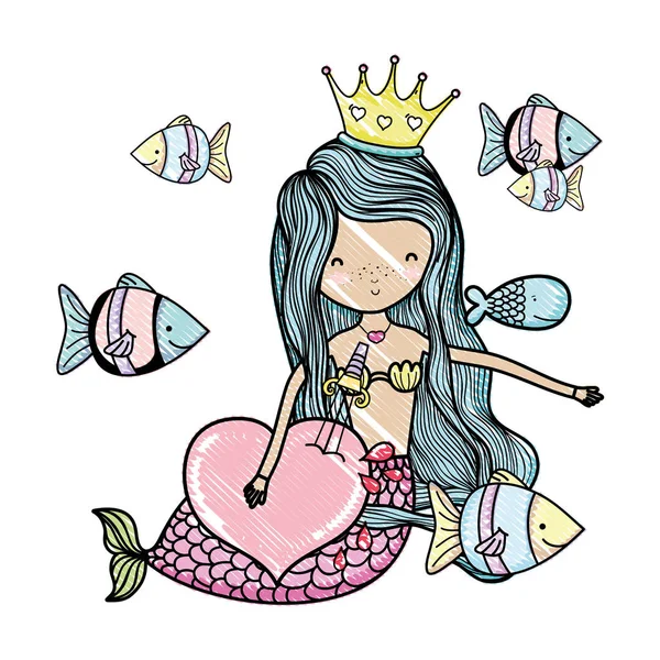 Scribbled siren woman with crown and exotic fishes — Stock Vector