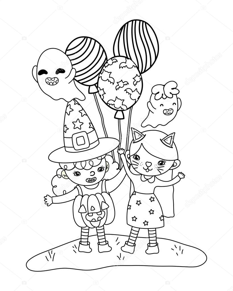 outline girls with funny costumes with balloons and ghosts